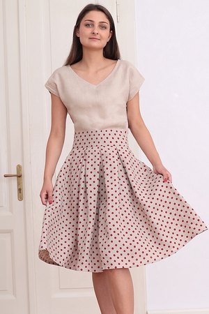 Women's skirt with polka dots designed and sewn in the Bohemian foothills from 100% linen pocket cut high waist wide sewn